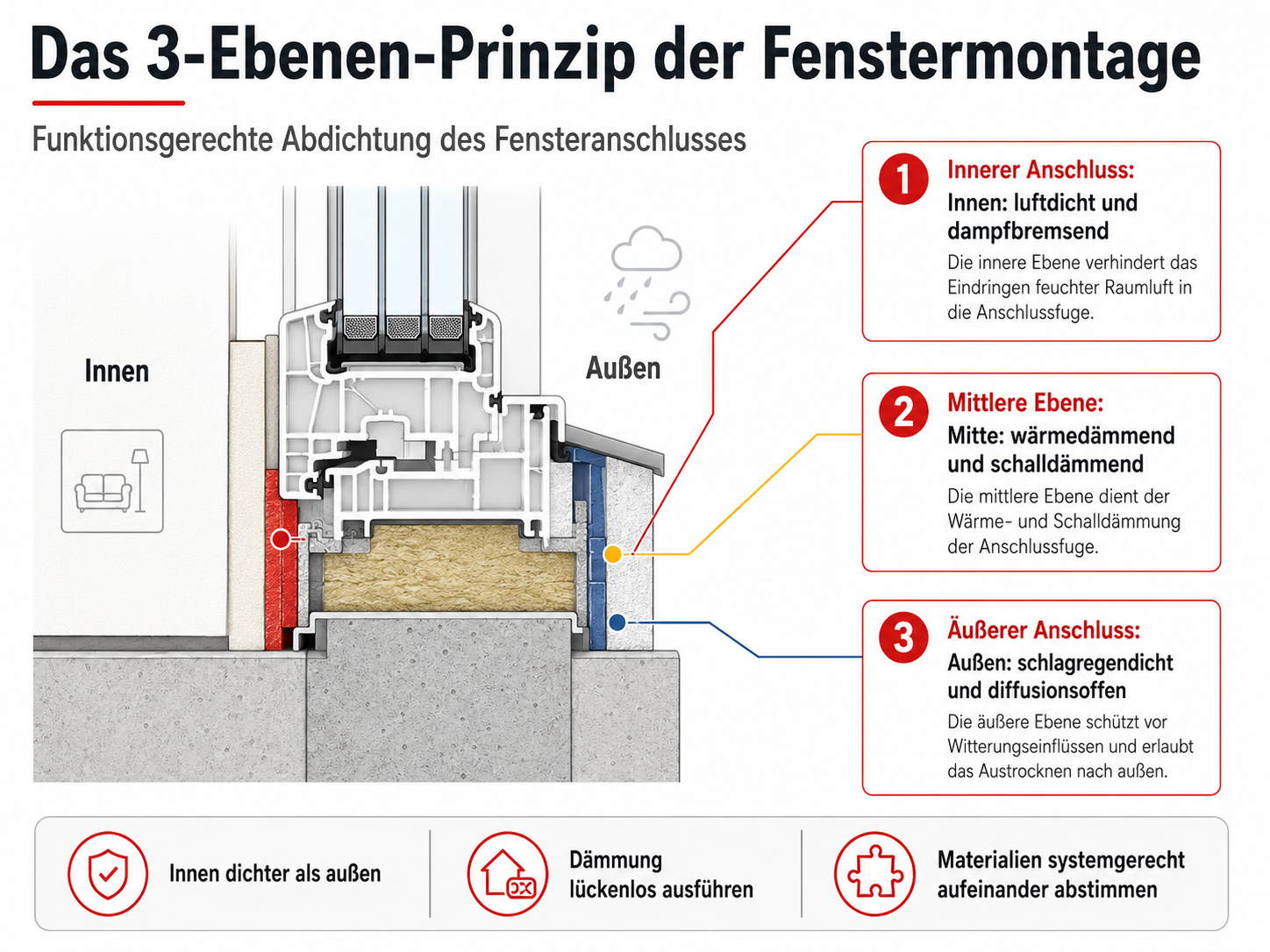 Infografik zum 3-Ebenen-Prinzip der Fenstermontage mit innerer Abdichtungsebene, mittlerer Dämmebene und äußerer Abdichtungsebene